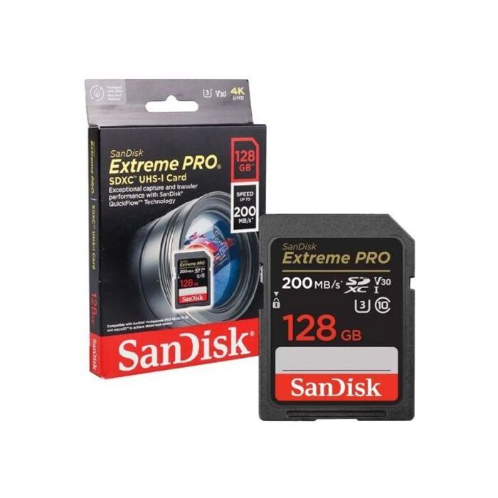 Sandisk Nouvelle Carte memoire Sdxc Extreme Pro 128 Gb jusqu'à 200 Mo/s classe 10,U3,V30