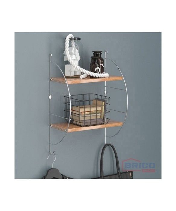 Étagère murale décorative - Support Chrome - 2 niveaux - Aluminium - Bois - Design moderne