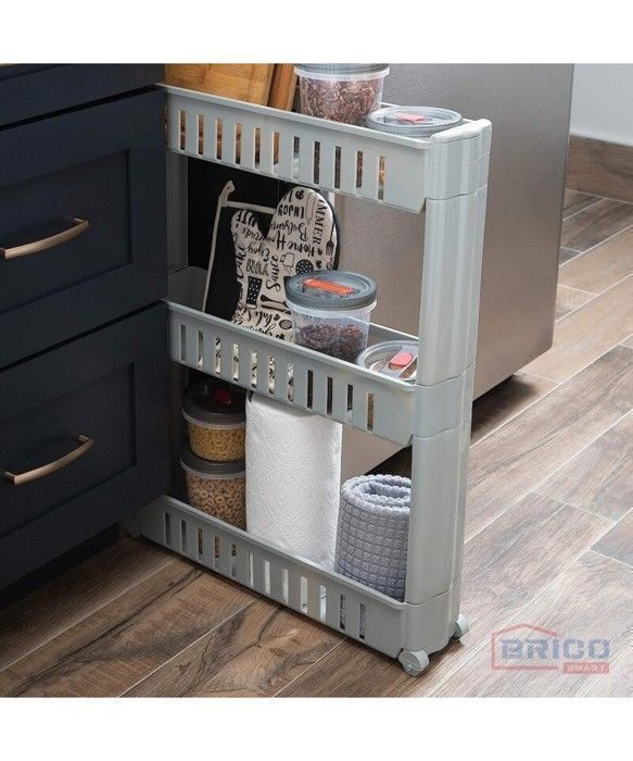 Meuble de rangement - Non spécifié - 3 niveaux - Gris - Plastique - À roulettes