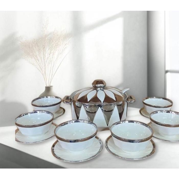 Soupière - AYA HOME - 15 pièces - Porcelaine - Détail argenté - Service à soupe élégant