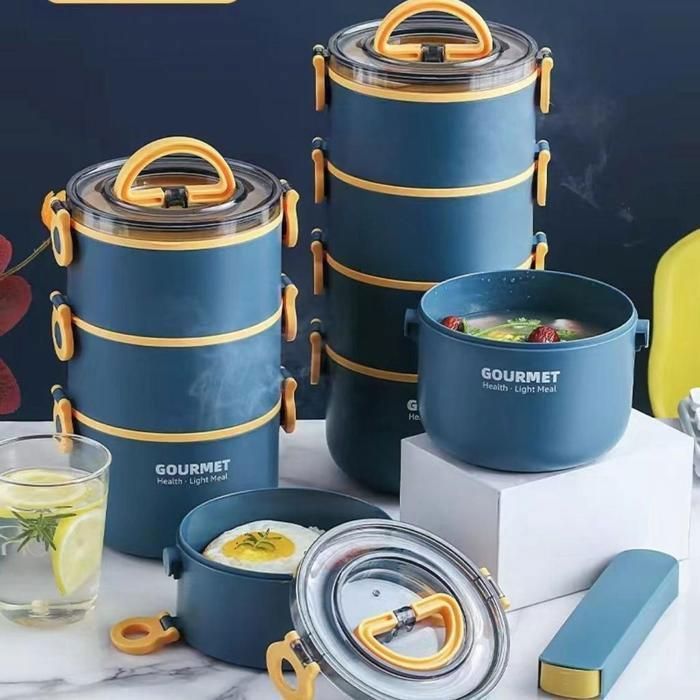 Lunch box 3 niveaux ronde intérieur inox et extérieur plastique alimentaire sans BPA couleur bleu 3 niveaux