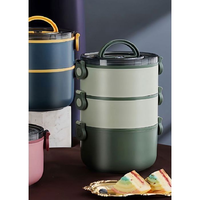 Lunch box 3 niveaux ronde intérieur inox et extérieur plastique alimentaire sans BPA couleur verte  3 niveaux