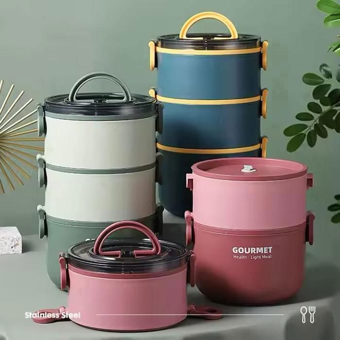 Lunch box 3 niveaux ronde intérieur inox et extérieur plastique alimentaire sans BPA couleur rose   3 niveaux