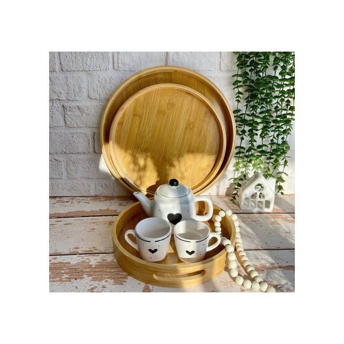 Lot de 3 plateaux de service -ronds en bois de bambou- avec poignées pour cuisine/table basse