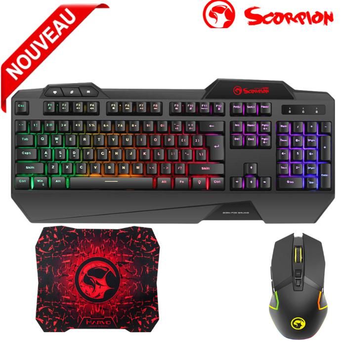 kit de jeu filaire 3 en 1 Marvo Scorpion CM306 - Clavier et souris et tapis de souris rétroéclairés arc-en-ciel