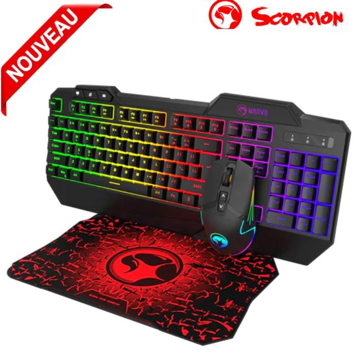 Marvo Scorpion CM306 kit de jeu filaire 3 en 1 - Clavier et souris et tapis de souris rétroéclairés arc-en-ciel