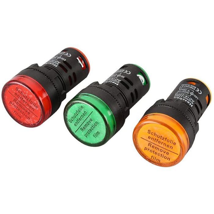 Tosun Lot de 3 Voyants LED lumineux, 220VAC 20mA, Rouge/Vert/Jaune