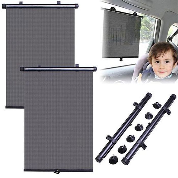 Rideaux pare soleil voiture 2pcs polyester avec enrouleur fixation par ventouses