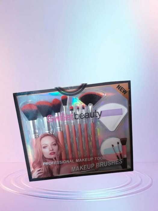 Pinceaux à Maquillage - SWEET BEAUTY - 8 Pinceaux & 2 Houppettes - Doux - Multicolore - Blanc