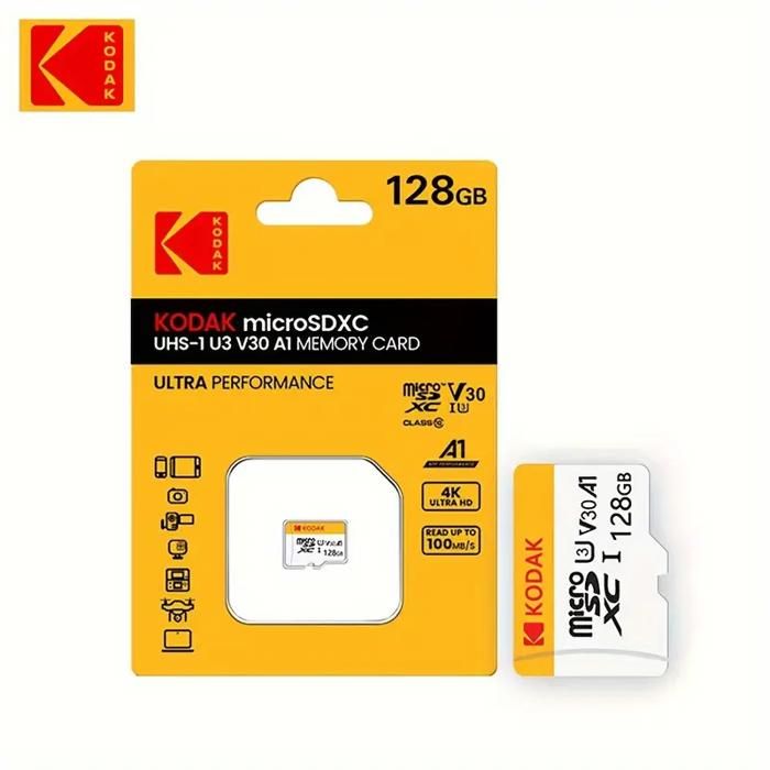 carte Micro SDXC Kodak - Haute vitesse Classe 10 V30, carte mémoire UHS-I U1 durable pour smartphones, 128 Go