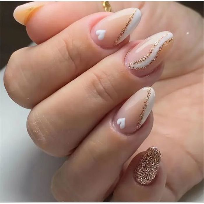 24 pièces Faux Ongles Avec Conception de Rayures Blanches, Press On Ongles, Ongles Acryliques Brillants