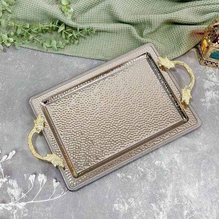 Plateau Rectangulaire - SENIA - Acier Inoxydable - Argenté - Anses Dorées - 44/32cm
