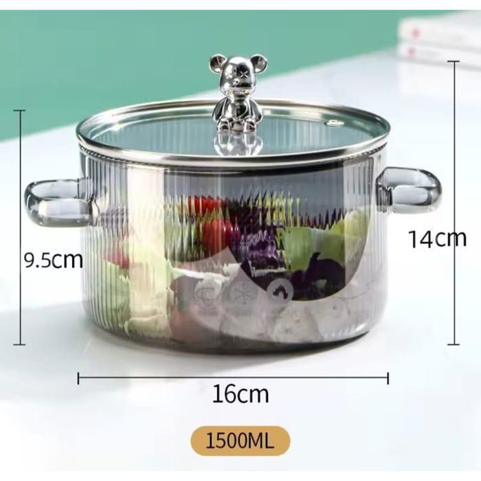 Marmite à soupe en verre avec couvercle, double poignée, degré de chaleur, feu au micro-ondes, poéle en verre, casserole