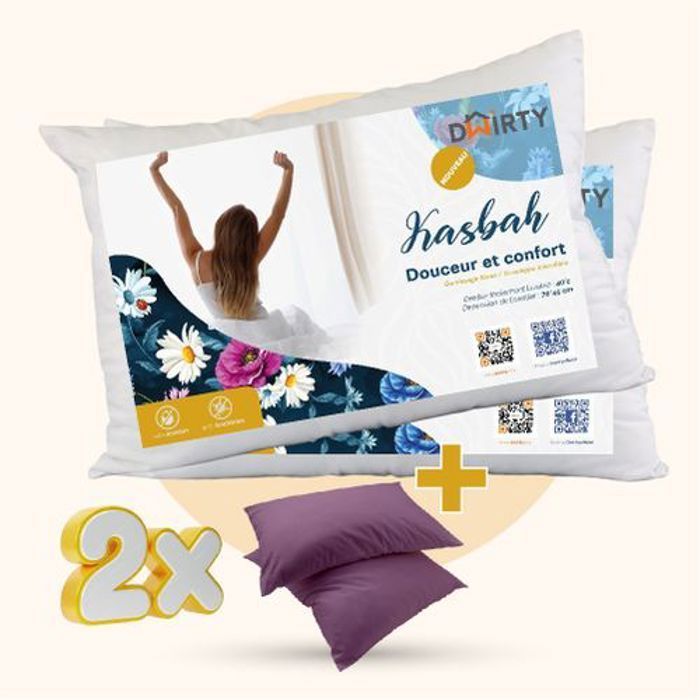 Pack 2 Oreiller Ferme Synthétique KASBAH = 2 Taies d'oreiller Violet offertes // doux & Antiallérgique