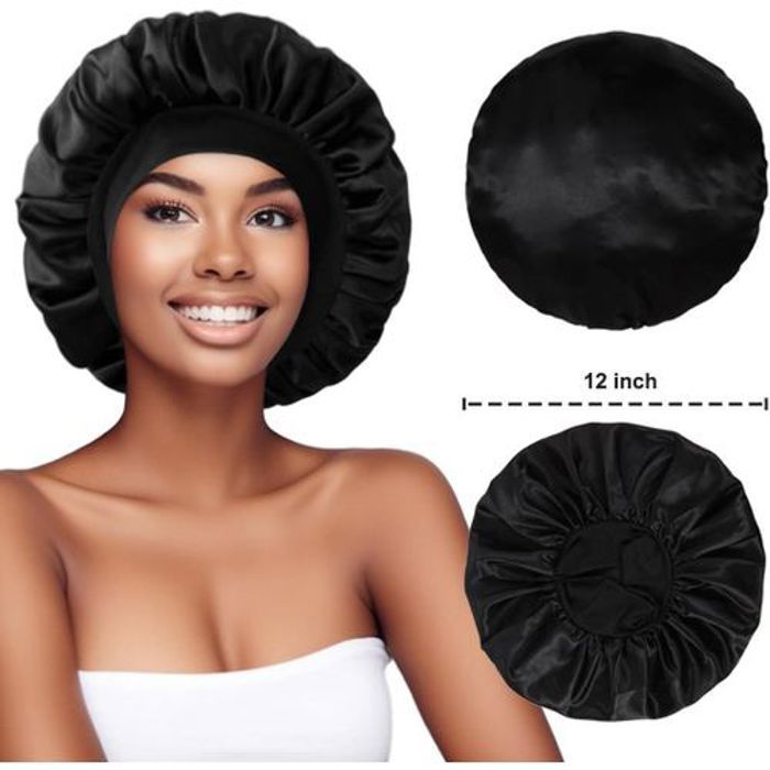Bonnet de Nuit en Satin élastique à Large bande pour Femme,Cheveux Longs, Cheveux Bouclés, Confortable Et Respirant, Noir