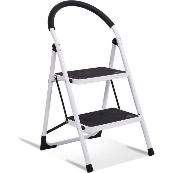 Escabeaux - 2 Marches - Blanc - Pliable - Charge Max 150 kg