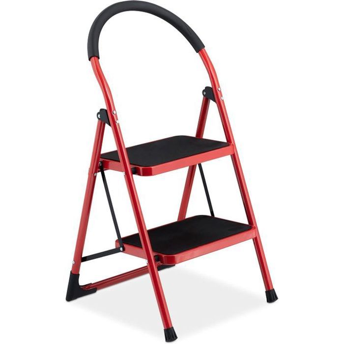 Escabeaux - 2 Marches - Rouge - Charge Max 150 kg - Pliant et Antidérapant