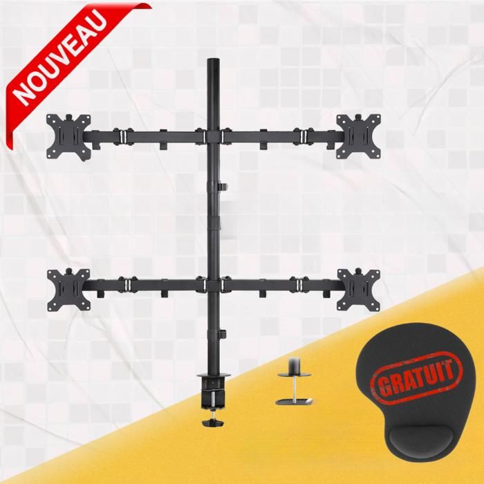 Support de moniteur pour quatre écrans, bras de moniteur robuste entièrement réglable pour écrans de 13 à 32 pouces+ Mini Tapis