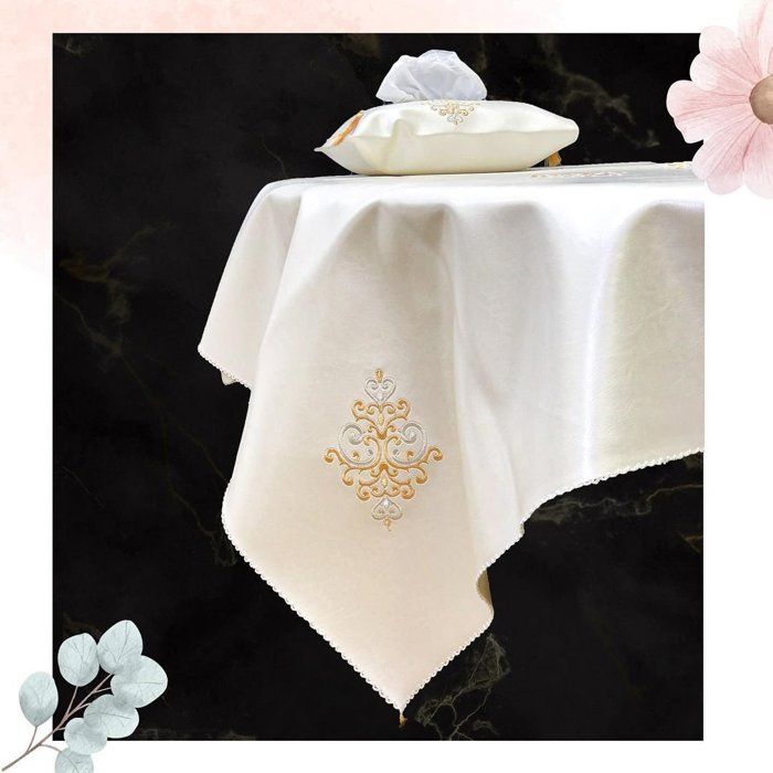 Ensemble de Table - Artisanat Marocain - Nappe et Porte-Mouchoirs - Beige - Carré - Lavable