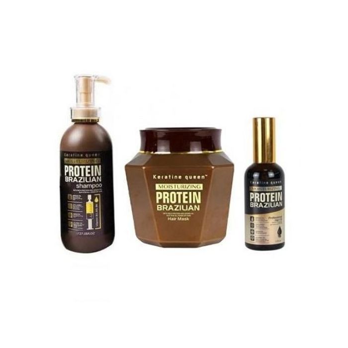 Coffret Keratine Queen soin cheveux Protein Brazilian, shampoing 800ml + masque 1000ml, sans sulfate