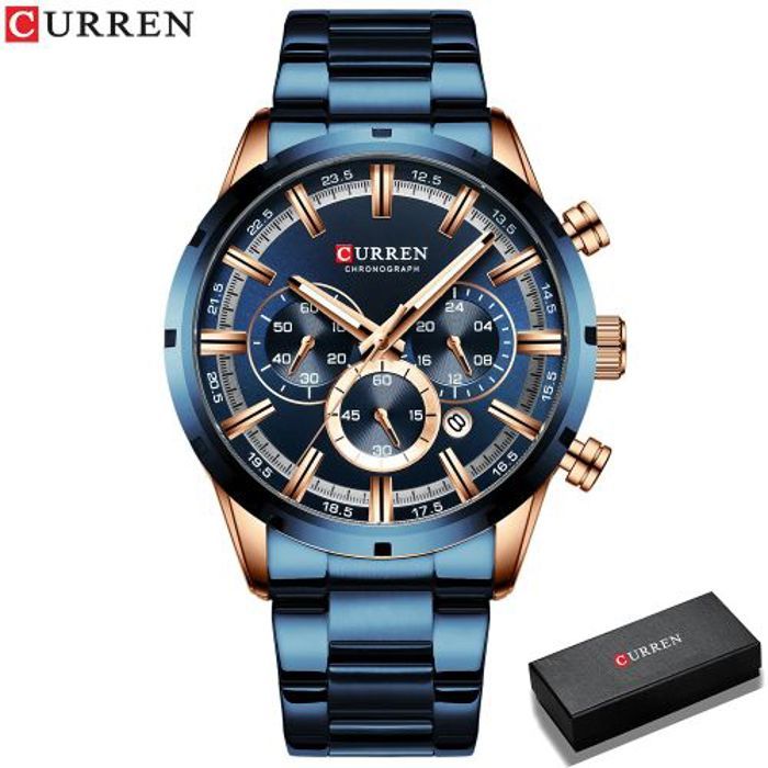 Montre - CURREN - 8363 - Acier Inoxydable - Cadran Bleu - Chronographe 3ATM