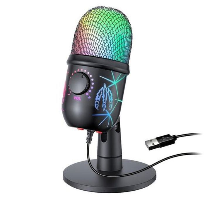 Microphone à Condensateur USB - Professionnel - RGB - Réduction de Bruit - Support Inclus - Prise Casque 3.5mm