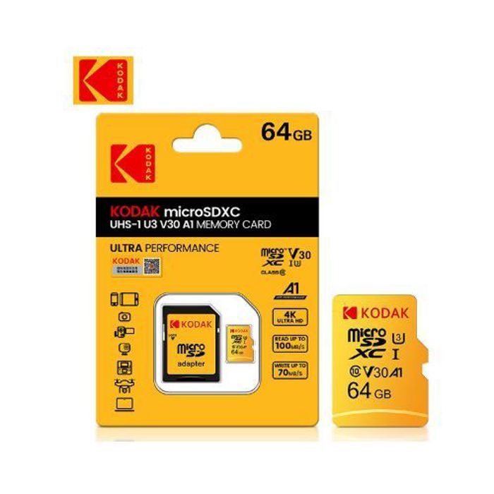 Carte mémoire microSD - Kodak - 64 Go - Classe 10 - Vitesse de lecture U3 - Résistante à l'eau