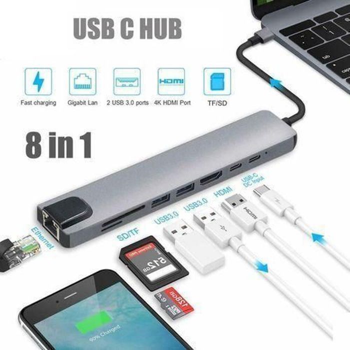 Hub USB-C - Multicolore - 8 Ports - HDMI 4K - USB 3.0 - Port RJ45