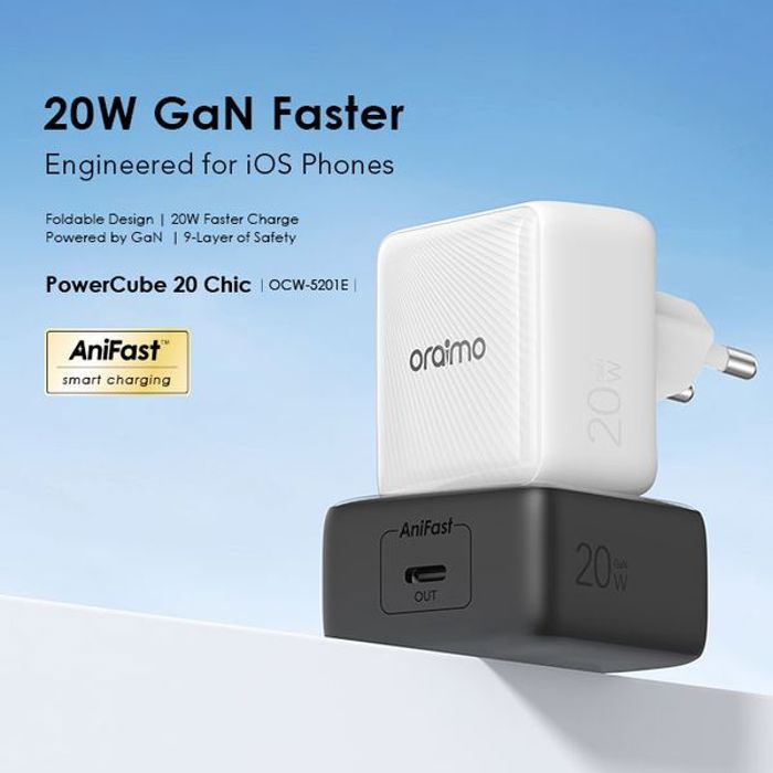 Adaptateur secteur - ORAIMO - OCW-5201E-CC54 - Chargeur mural GaN 20W - Câble Type-C inclus - Couleur noir/blanc