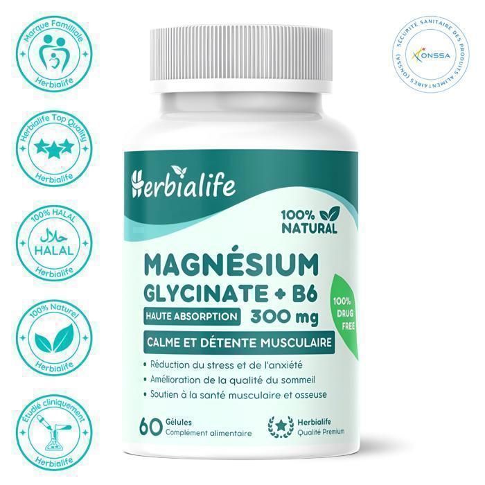 Magnésium Glycinate 300 mg + B6 – Anti-Stress et Sommeil Réparateur – 60 Gélules | Herbialife