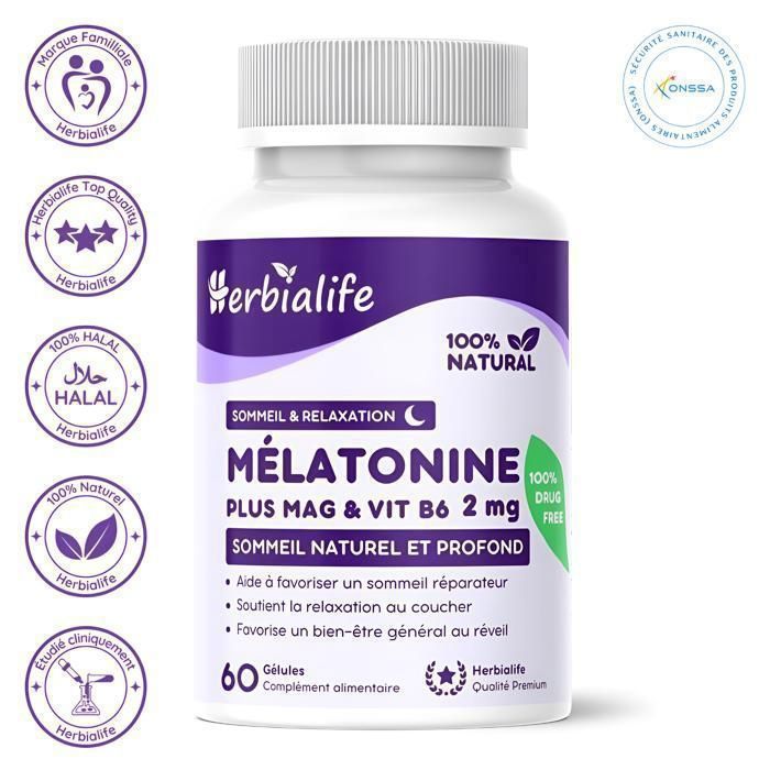 Mélatonine 2 mg + Magnésium et Vitamine B6 – Sommeil Naturel et Profond – 60 Gélules | Herbialife
