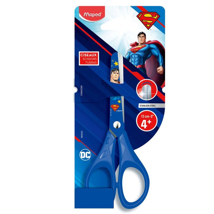 Ciseaux Superman 13cm - Maped - Ciseaux Enfants Bouts Ronds, Découpe Haute Qualité - Dès 4 Ans - Couleur Bleu