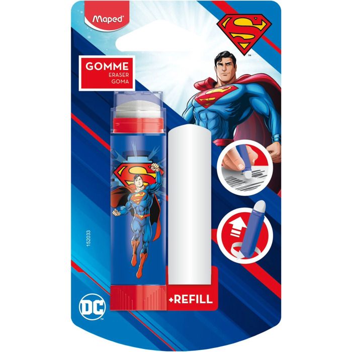 Gomme Protégée Superman - Maped - Efficace, Sans PVC, Idéal Fournitures Scolaires - Avec 1 recharge