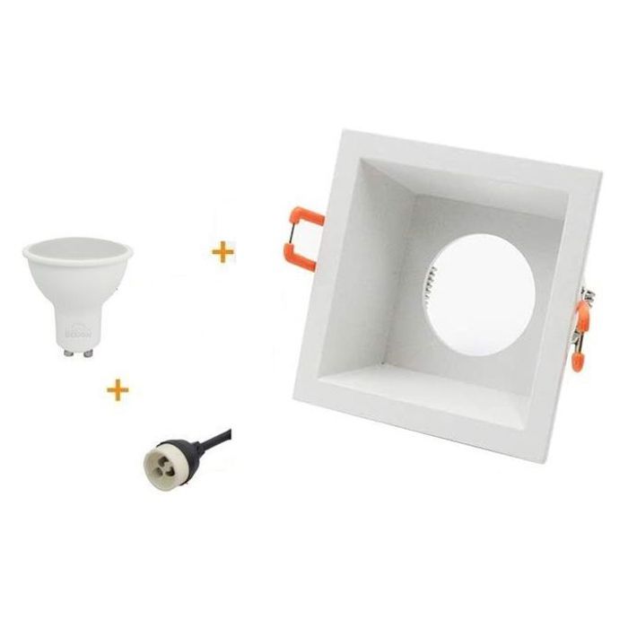 PACK SPOT Cadre Carré Blanc + Lampe Led Gu10 7w Lumière Jaune + Douille