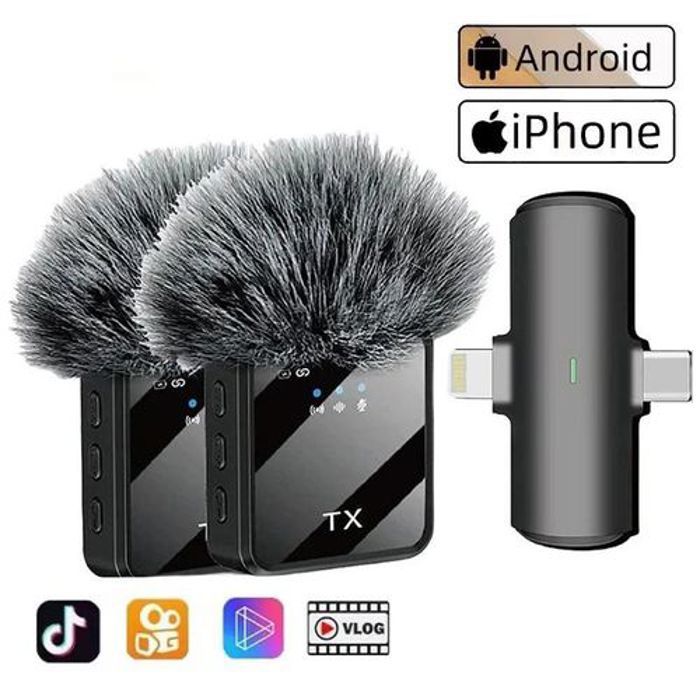 Microphone sans fil - F15-2 - Lavalier - 20 mètres - 1 récepteur + 2 émetteurs - Compatible iPhone/Android