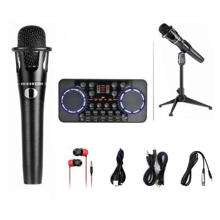 Kit Microphone À Condensateur - Professionnel - Noir - Support Trépied - Carte Son - Effets Sonores Intégrés