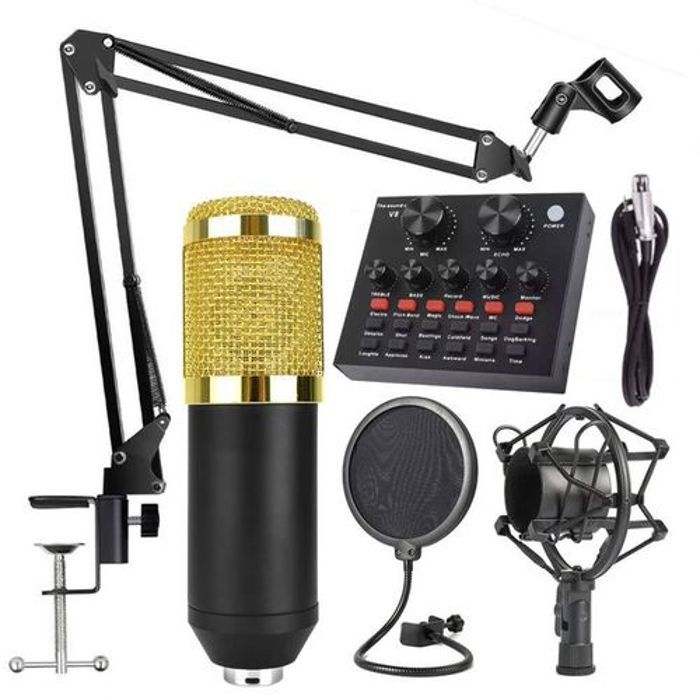 Pack Microphone de Studio - V8 - BM800 - Noir - Support Flexible - Alimentation Fantôme