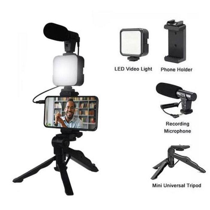 Kit Vlogging Smartphone avec poignée, Microphone stéréo, lumière LED - Youtube, TikTok
