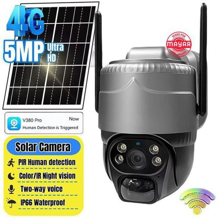 Caméra de surveillance - V380 - 5MP - Extérieure - Solaire - Vision nocturne