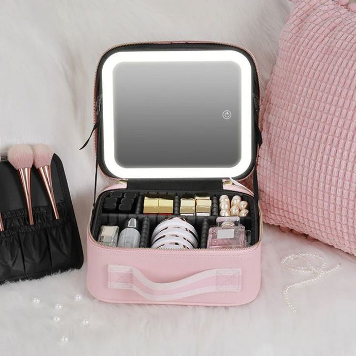 Trousse de maquillage - GENERIC - Miroir LED - Compartiments modulables - Protection anti-chute - Rose