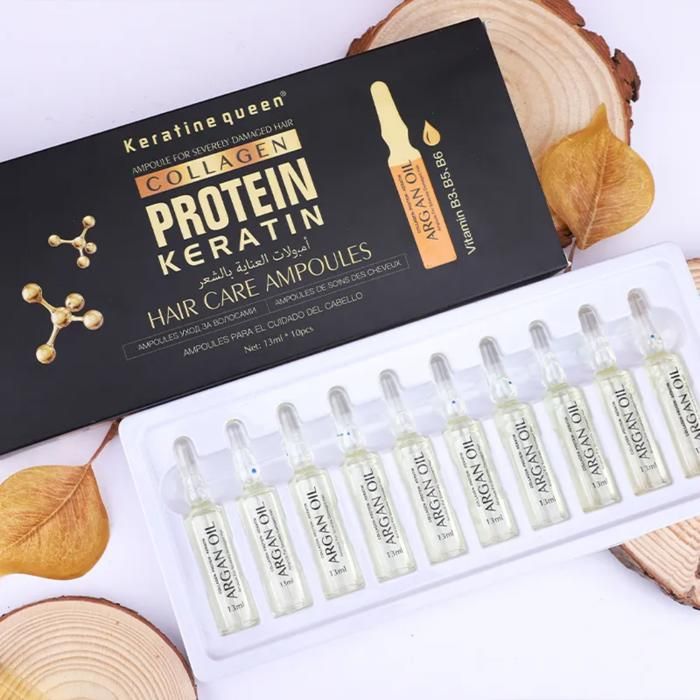 Ampoules capillaires - KERATINE QUEEN - 10 x 13 ml - Kératine - Protéines d'huile d'argan - Cheveux abîmés