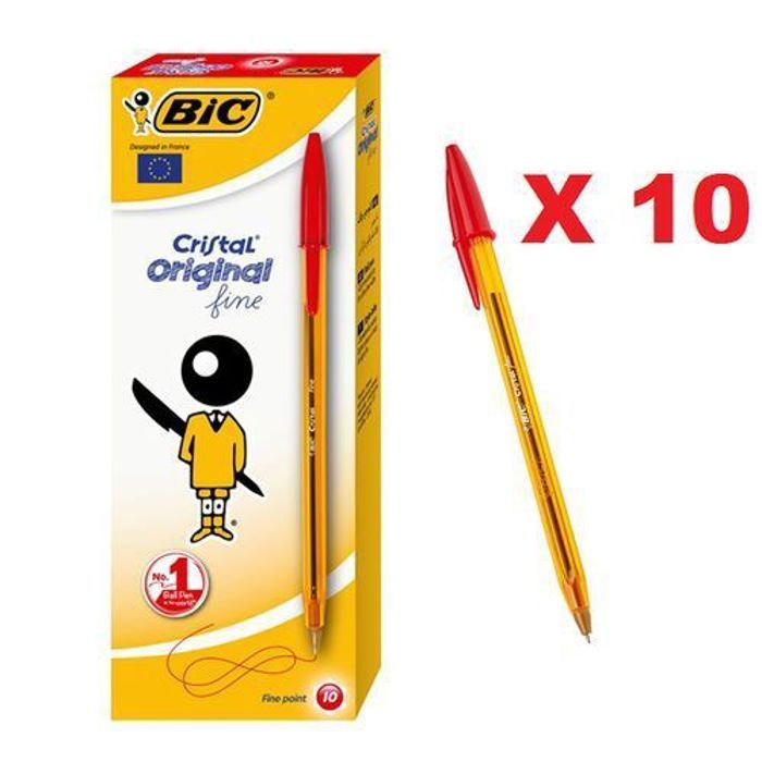 BIC  10 Stylos billes Cristal Original Pointe Fine 0,8 mm, Ecriture Précise,Rouge