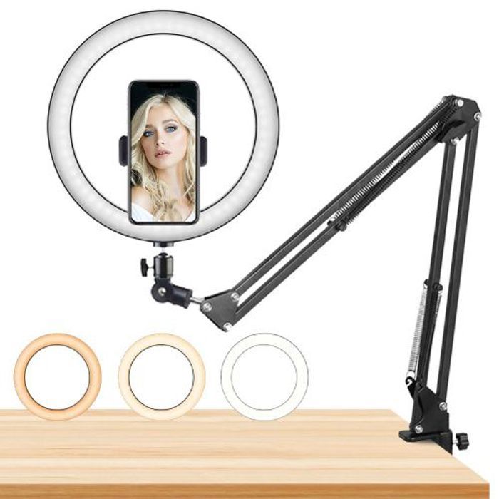 Pack Ring Light 26 cm + Bras de Suspension à Ciseaux Réglable + Pince de Fixation