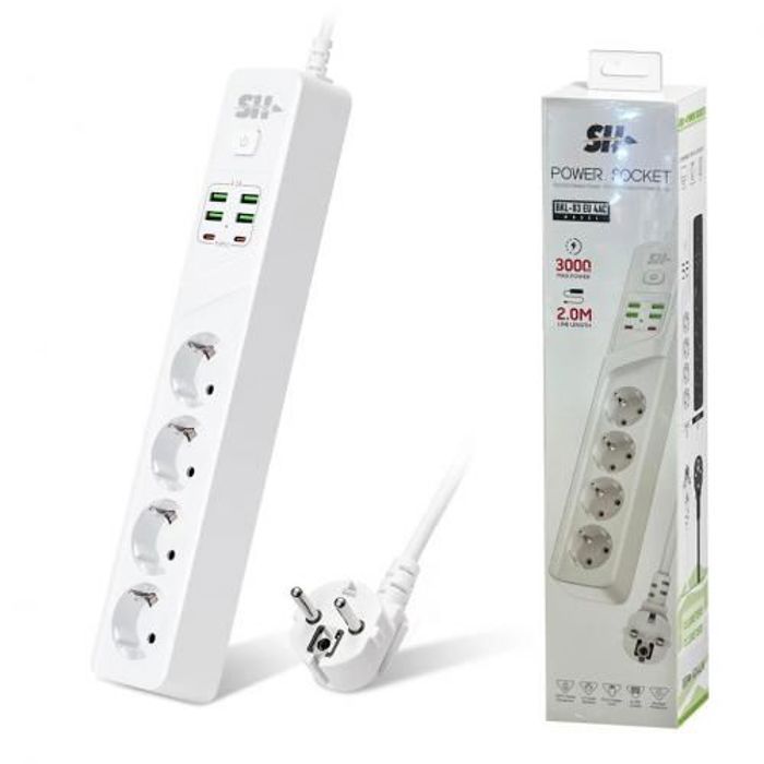 Bloc Multiprise - SH - 4 Prises UE - 4 USB-A - 2 USB-C - 3000W 2m