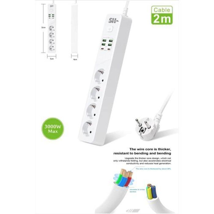 Multiprise - SH - 4 Prises + 4 USB - Charge Rapide 4A - 3000W - Matériau PC Anti-feu