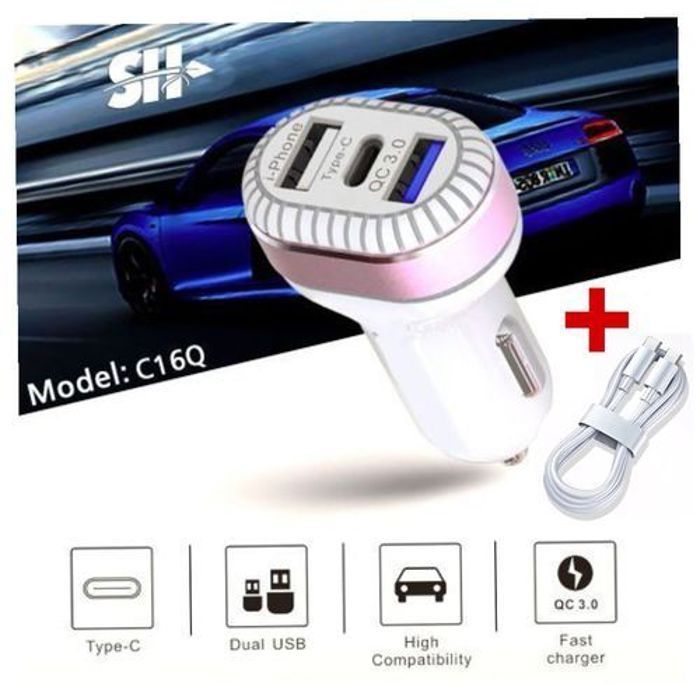 SH Chargeur de voiture à 3 port USB+câble type-c/type-c 3A charge rapide, allume-cigare