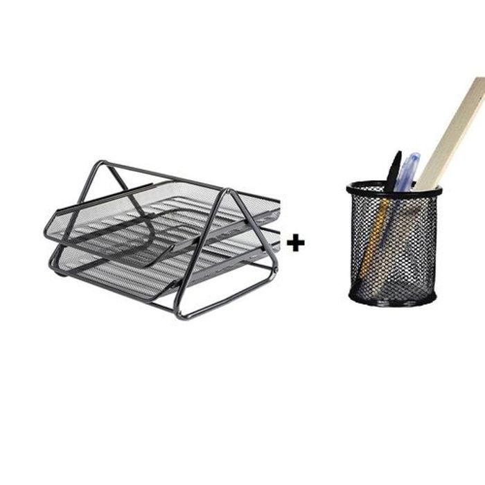 Desktop document basket+ porte stylo metal noir