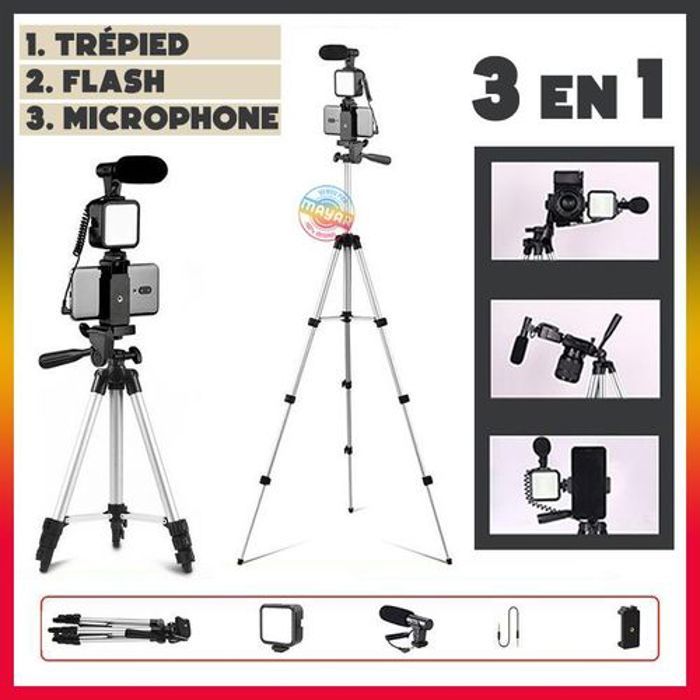 Kit Vlogging 3 en 1 avec Trépied Flexible, Microphone Antibruit et Lumière LED –