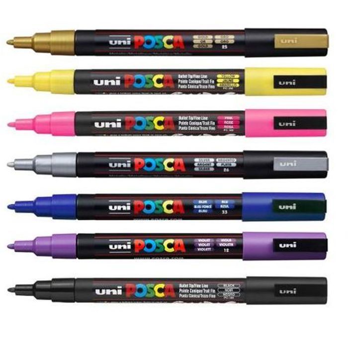 Posca Lot Economique 7 Marqueurs PC-3M conique fin:Couleurs essentiels pointe 1,3 mm