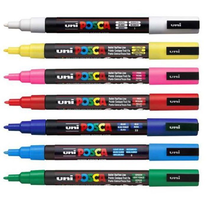 Posca Lot Economique 7 Marqueurs PC-3M conique fin:couleurs de base pointe 1,3 mm